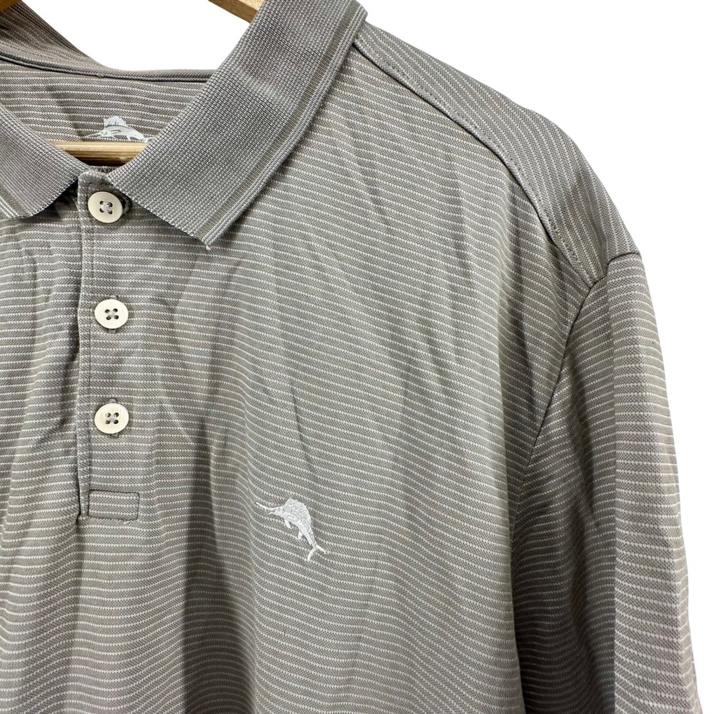 Tommy Bahama Mens XXL Polo Shirt Gray White Striped Cotton Blend Short Sleeve